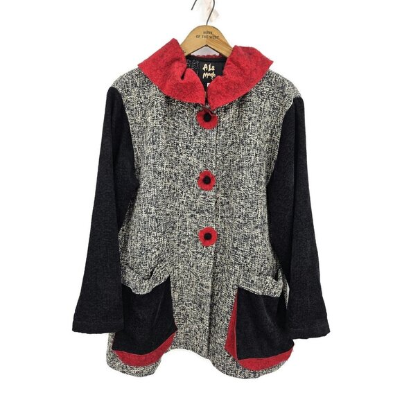 A La Mode by Xiao Artsy Jacket Womens XS Black Red Lagenlook Pocket Button Front - Picture 2 of 5